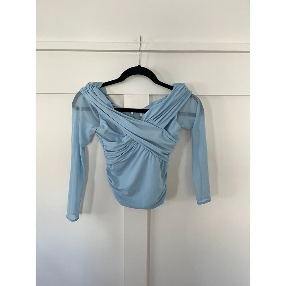 Self Portrait Light Blue Ruched Mesh Jersey Crossover Long Sleeve Top Size 0 - Picture 3 of 7